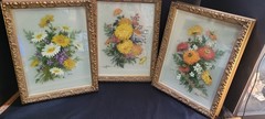Set Of 3 Vtg Oil On 5 Layers Of Glass Framed Floral Art 1974 Signed Heavy 10×13
