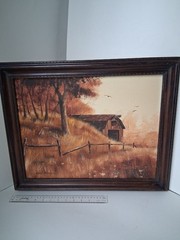 Vintage Autumn Landscape Painting by Dolitt Warmenhaus — Rustic Barn Scene