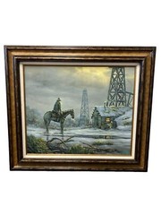 G. Hrat Oil Art Painting Wooden Frame 32”/28” A Man On Horse Village Landscape
