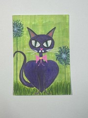 ACEO Original Mixed Medium Painting 2.5×3.5 Inches Cat With Flowers 2.5 X 3.5