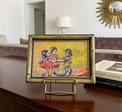 Vintage Dominic Mingolla Oil Painting „Round the Rosy“ Framed Mid Century MCM 6″