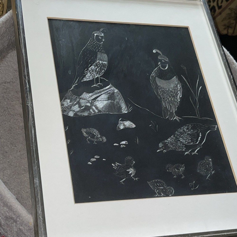 Vintage Peahens black & Silver scratch art Silver Framed Birds Chick Handmade