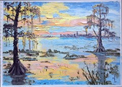 Original Oil Painting Sunset Louisiana Swamp Landscape Cypreses Artwork 8x11in
