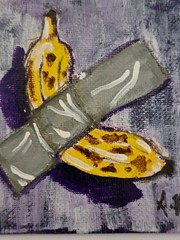 Yellow purple acrylic ink „40k Banana“ on 4×4 canvas 1/1 Limited Signed