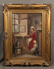 Antique Possibly American Vermeer Inspired Mother Daughter and Cat Genre Scene