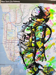 Handpainted Astronaut Spaceman Acrylic Graffiti Art artwork on a NYC Subway Map