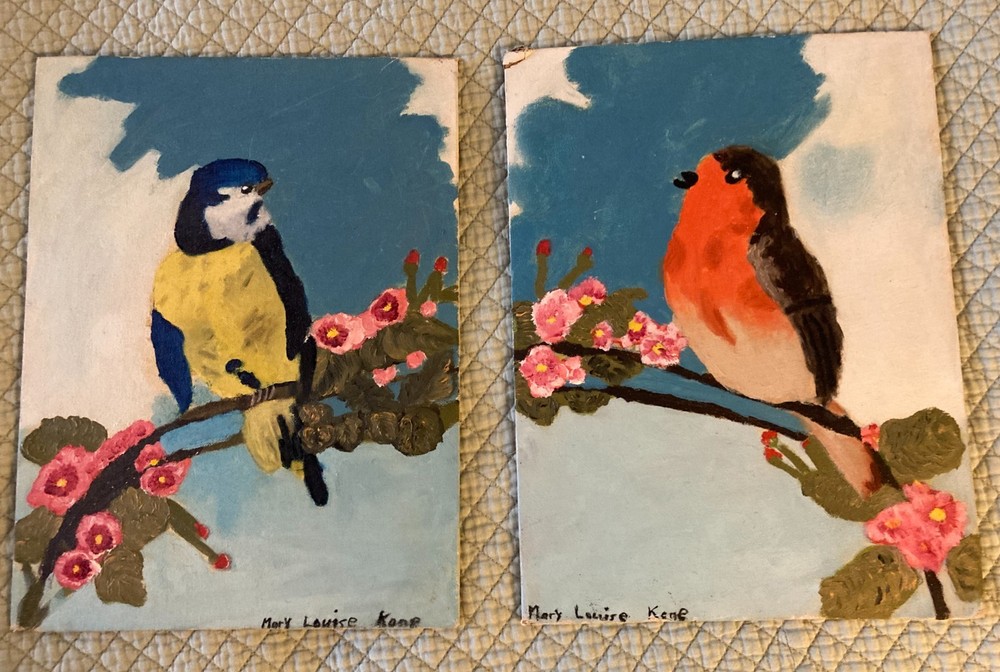 Pair Vtg Folk Art Oil Painting Naive 2 pictures American Birds Cherry Blossom
