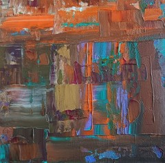 Small abstract painting original acrylic 12×12 red blue turquoise „Desert Rain“