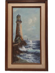 Tall Weathered Old Lighthouse Palette knife Oil Painting 14″ X 29″ J Oberst 72
