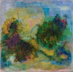 Danish artist. Mixed media on canvas. Abstract composition with flowers. 21st C.