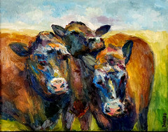 Oil Painting 3 Cows Fields Bovine Farm Animals Original Framed by Donalee