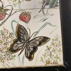 Aida Whedon Mid Century Hand Painted Tile Butterfly Strawberry Field Wood Frame