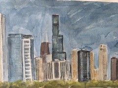 Original Watercolor Painting – Chicago Skyline Panorama | 8.5×29.5″ Artwork