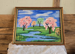 Vintage Gold Green Wood Framed Original Painting Blue Lake Pink Trees Landscape