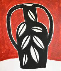 Mid-Century Modern Leaf Vase Painting, Abstract Still Life Art 11×14