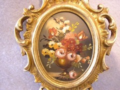 Miniature Original Oil Painting Art Still Life Oval Goldwashed Wooden Frame