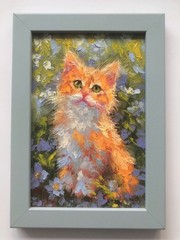 Original Oil Painting in Frame Kitty Miniature 4x6in