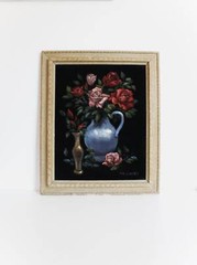 Vintage Black Velvet Still Life Painting Roses in Vases Pink Red Blue Framed