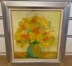 European Modern Oil Painting Still Life Flowers Signed Shapira Czech c.1970s
