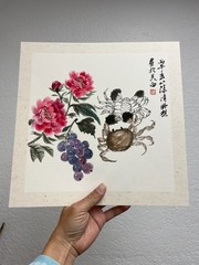 Original Chinese Ink Painting Peonies Grapes & Crabs 13in Signed Asian Art