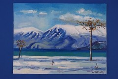 Oil painting on panel winter in Pogradec, 30cmx40xm