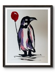 ARCTIC PENGUIN WITH RED BALLOON 11×14 Original Art #98 PAPER Fine Art