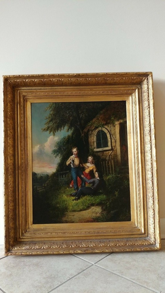 William Sanford Mason 1824-1864 Oil painting Children Blowing Bubbles by Cottage