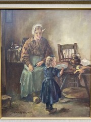 Vintage Dutch Interior Oil Painting Mother Child Genre Scene Signed Framed