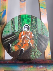 art 137 original acrylic painting d30 cm Return to Earth – Surreal astronaut