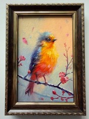 Original Bird Oil Painting, Little Finch on Blossom Branch, Framed 4x6in Signed