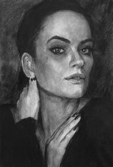 Original charcoal drawing girl portrait. black and white art illustration
