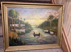 Vintage 1948 Oil On Board oil Painting tropical island palms Bermuda ? signed
