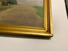 FRAMED WPA ERA IOWA REGIONALIST LANDSCAPE PAINTING 1930s BARNS, COUNTRY ROAD,