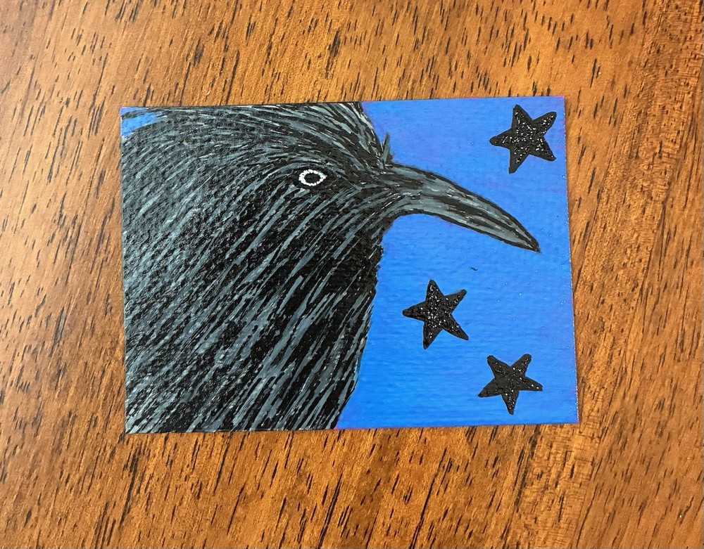 ACEO Original Acrylic Bird Painting 2.5 x 3.5. ~ Star Bright 2