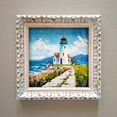 Lighthouse Impasto Original Oil Painting: 3D Textured Art Unframed 6×6″