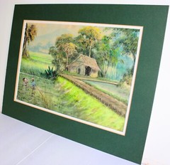 VINTAGE MIXED MEDIA WATERCOLOR PAPER SIGNED ASIAN RURAL VILLAGE SCENE RICE FIELD