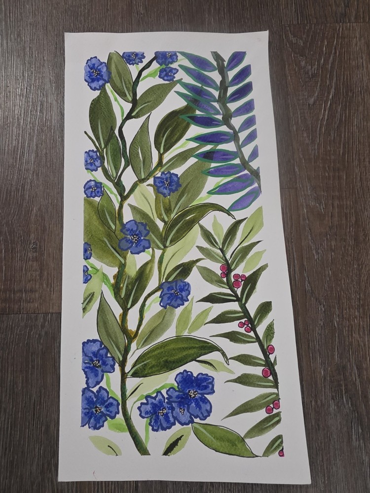 Original Art Painting Botanical & Acrylic Leaf Flower Branch Nature 15.5″ Ooak