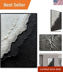 Framed Black and White Ocean Wave Wall Art, Modern Abstract Textured Painting…