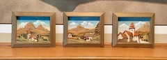 Set of 3 Vintage Carved Wood Village Relief Pictures – Bright Painted