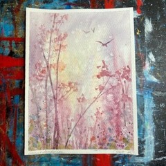 Original Painting Sunset Landscape Watercolor NEW Art Birds artwork Artettina