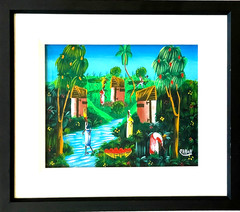 Listed Artist Signed MARCEAU SANON Framed Painting Haitian Village River Scene