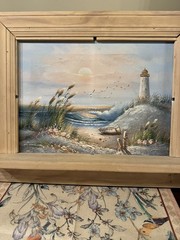 Vintage Coastal Lighthouse Seascape Oil Painting Signed Lorenz 20x 16 W/ shelfS