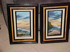 Paintings (2) Ocean Waves and Sunset Signed 13″ X 19″ Frames Wood Excellent