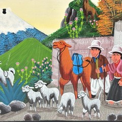 Gustavo Quindigalle Tigua Ecuador Folk Art Painting Sheepskin – Andean Village