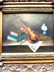 Oil Painting on Wood – Still Life with Violin and Pen, Polish Origin