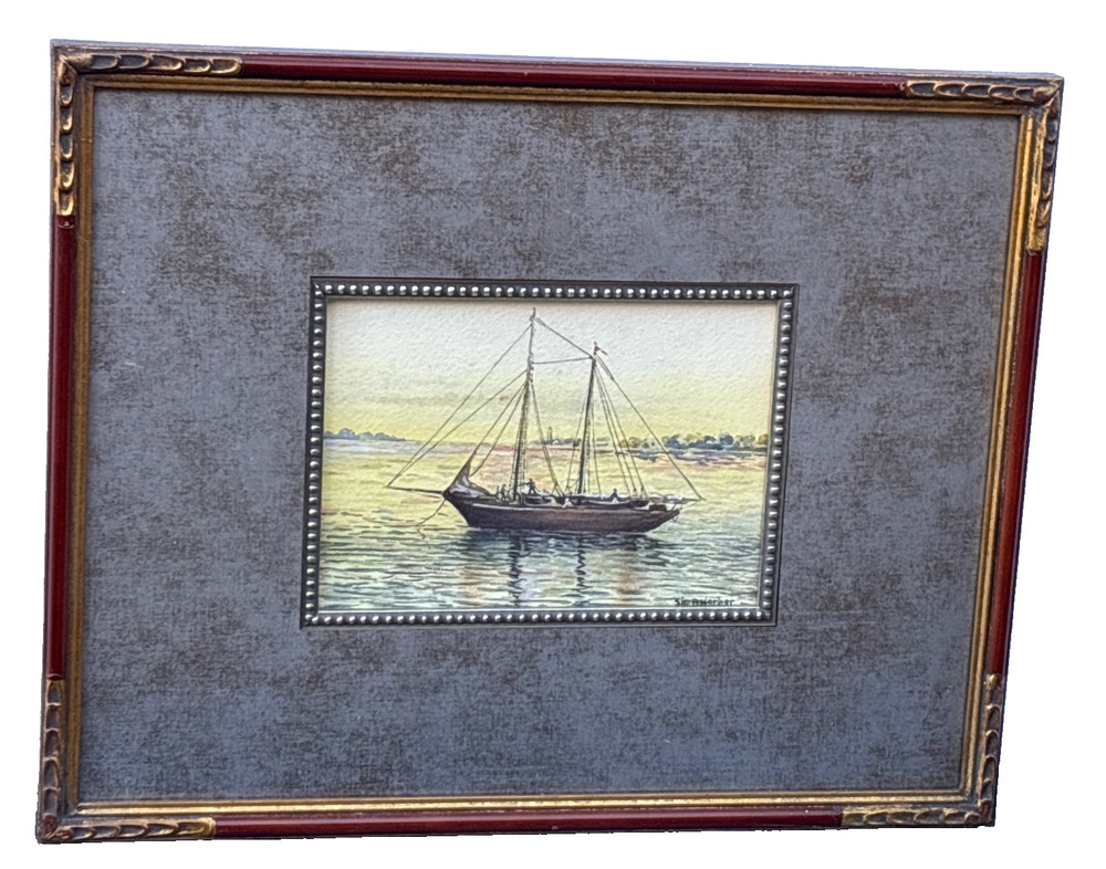Sim P. Harper American Sail Boat Sailers Harbor Scene Watercolor Painting