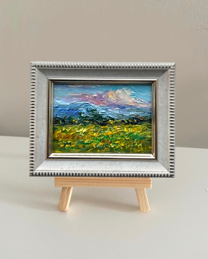 Original Oil Painting Mountain Landscape Meadow Home Decor 3×2.5in Mini Art