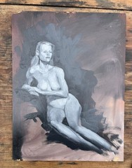 Vintage Mid Century Modern Nude Painting On Board Female Woman Signed