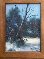 WINTER FOREST SCENE original oil on canvas Painting 15″ x 11″ 1981 + Wood Frame