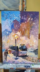 oil painting on panel original hand made art with city snowy winter evening